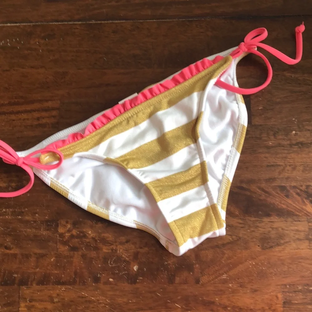 Xhilaration Women's Junior's Gold White Striped Bikini Swimsuit Set Pink Size M